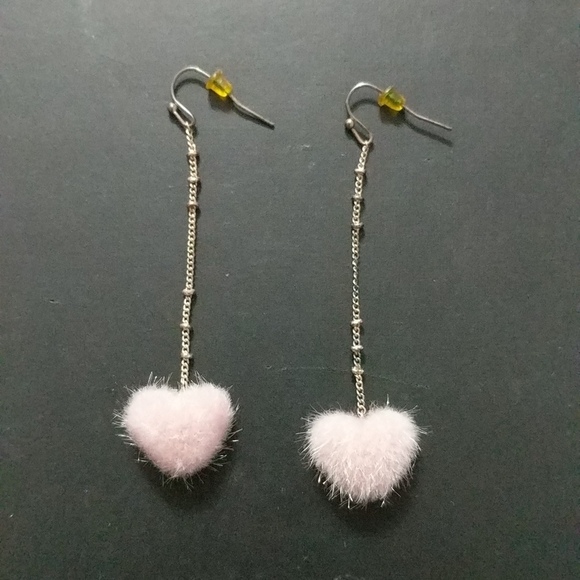 Hand Crafted Jewelry - 𝅺PINKY Purple Fluffy Heart Chain Dangle Statement Earrings